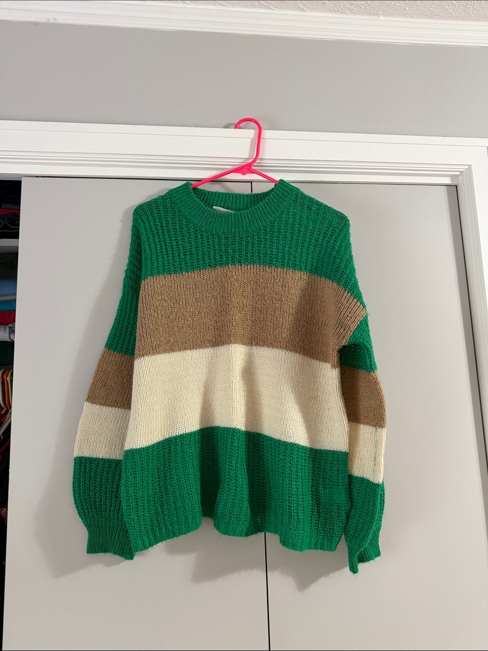 Chunky Green, Cream & Brown Colorblock Crewneck Sweater